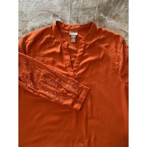 Chicos Blouse Womens 2 Burnt Orange Embroidered Sheer Sleeve Blouse Boho Autumn